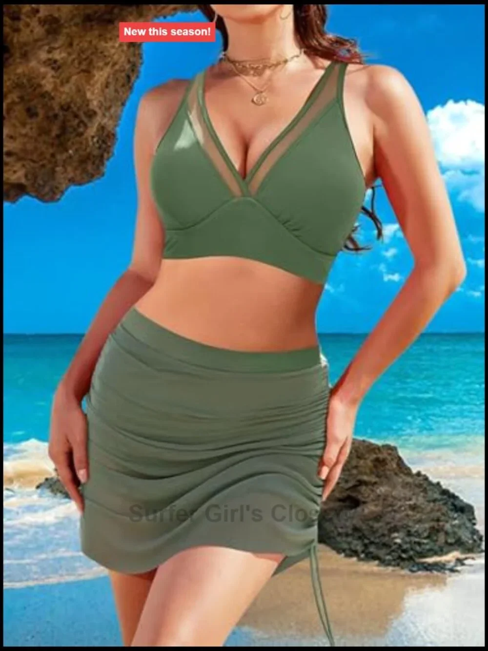 High Waisted Bikini Set with Mesh Swim Skirt Tummy Control 2 Piece